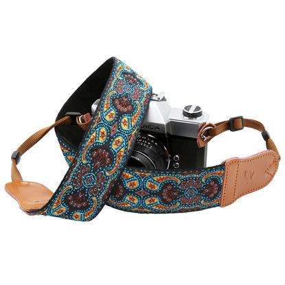 Picture of Mystic Blue Camera Strap - Double Layer Cowhide Ends,2" Pure Cotton Embroidered Woven Camera Strap,Universal Neck & Shoulder Strap Adjustable for All DSLR / SLR Cameras,Gift for Photographers