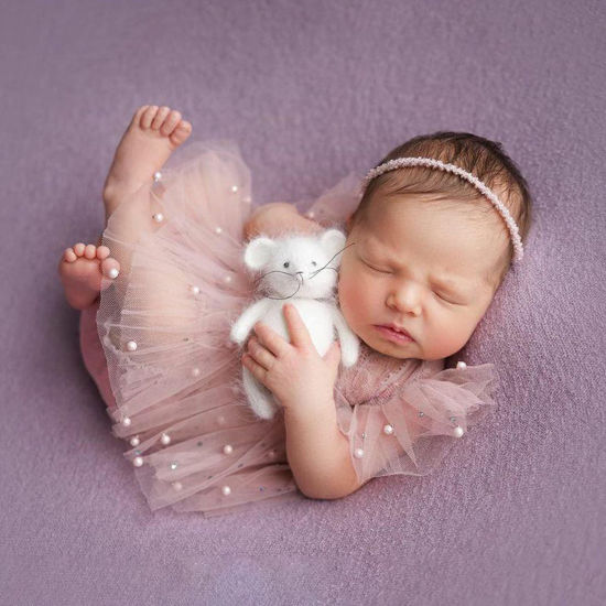 Picture of Pink Lace Newborn Photography Outfits Girl Newborn Photography Props Pearl Lace Rompers Newborn Girl Lace Romper Photoshoot Outfits Baby Photo Props (Short Sleeve, Pink, 0-2Months)