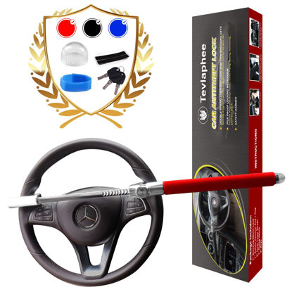 Picture of Tevlaphee Steering Wheel Lock for Cars,Wheel Lock,Vehicle Anti-Theft Lock,Adjustable Length Clamp Double Hook Universal Fit Emergency Hammer Window Breaker Self Defense Heavy Duty Secure (Red)