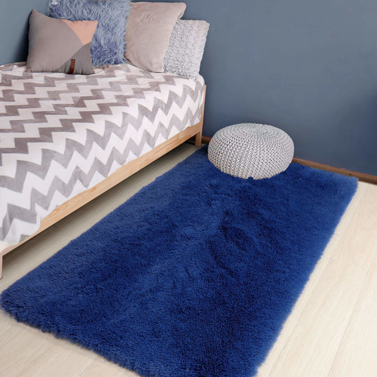 Picture of Navy Blue Runner Rug for Bedroom,3'X5',Fluffy Shag Rug for Living Room,Bedside Rug for Kids Room,Shaggy Throw Rug for Nursery Room,Fuzzy Plush Rug,Indigo Carpet,Rectangle,Cute Room Decor for Baby