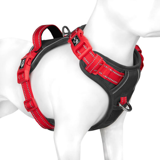 Picture of PHOEPET No Pull Dog Harness, Unique Colors Reflective Adjustable Dog Vest, with Soft Training Handle Metal Clips for Small Medium Large Dogs (Black Base & Red Straps,M)