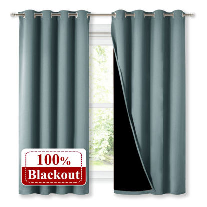Picture of NICETOWN 100% Blackout Curtains with Black Liners, Thermal Insulated Full Blackout 2-Layer Lined Drapes, Energy Efficiency Window Draperies for Bedroom (Greyish Blue, 2 Panels, 52-inch W by 63-inch L)