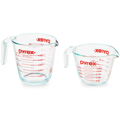 Picture of Pyrex 2 Piece Glass Measuring Cup Set, Includes 1-Cup, and 2-Cup Tempered Glass Liquid Measuring Cups, Dishwasher, Freezer, Microwave, and Preheated Oven Safe, Essential Kitchen Tools