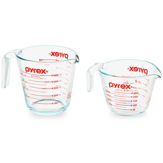 Picture of Pyrex 2 Piece Glass Measuring Cup Set, Includes 1-Cup, and 2-Cup Tempered Glass Liquid Measuring Cups, Dishwasher, Freezer, Microwave, and Preheated Oven Safe, Essential Kitchen Tools