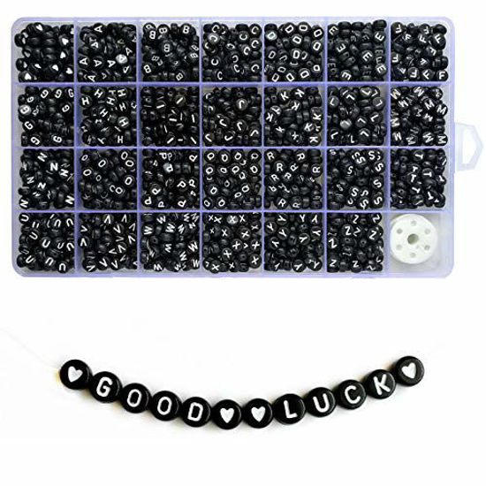 Picture of Amaney 1400pcs 4x7mm Black Round Acrylic Alphabet Letter Beads A-Z and Heart Pattern for Jewelry Making