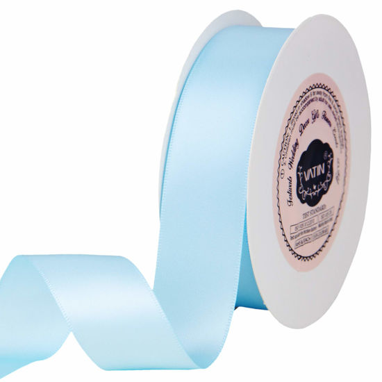 Picture of VATIN 1 inch Double Faced Polyester Satin Ribbon Light Blue/Baby Blue -Continuous 25 Yard Spool, Perfect for Wedding, Wreath, Baby Shower,Packing and Other Projects