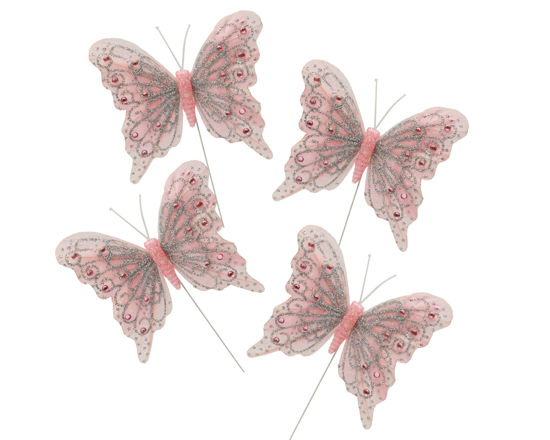 Picture of Set of 12 Glitter Monarch Feather Butterflies on Wire for Floral Arrangements and DIY Decorations (Light Pink)