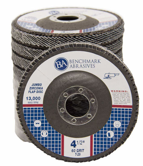 Picture of Benchmark Abrasives 4.5" x 7/8" Premium High-Density Jumbo Zirconia Type 29 Flap Discs for Sanding, Stock and Rust Removal, Finishing, Grinding, Deburring (10 Pack) - 60 Grit