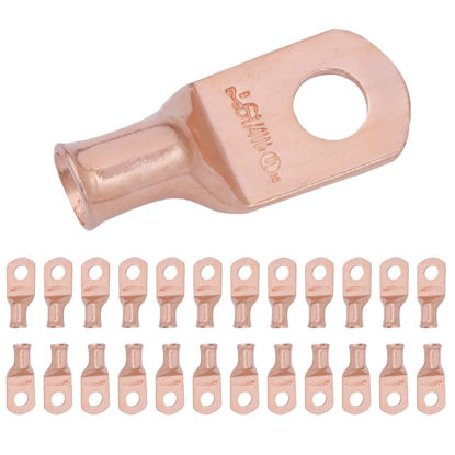 Picture of SELTERM 25pcs 6 AWG 1/4" Stud (Wide Pad) Battery Lugs, Ring Terminals, Heavy Duty Copper Wire Lugs, Battery Cable Ends, 6 Gauge Ring Terminal Connectors, UL Bare Copper Eyelets Battery Cable Lugs