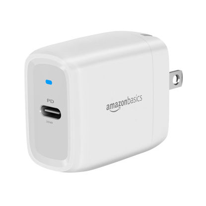 Picture of Amazon Basics 30W One-Port GaN USB-C Wall Charger with Power Delivery PD for Tablets & Phones (iPhone 14/13/12/11/X,iPad,Samsung)-White (non-PPS)