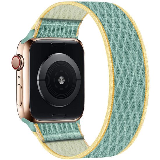 Picture of ENJINER Stretchy Nylon Solo Loop Bands Compatible with Apple Watch 38mm 40mm 41mm 42mm 44mm 45mm 49mm Ultra iWatch Series 8 7 SE 6 5 4 3 2 1 Strap, Sport Elastic Braided Women Men No Buckles Clasps Wristband, Plaid SunShine 42/44/45/49mm S