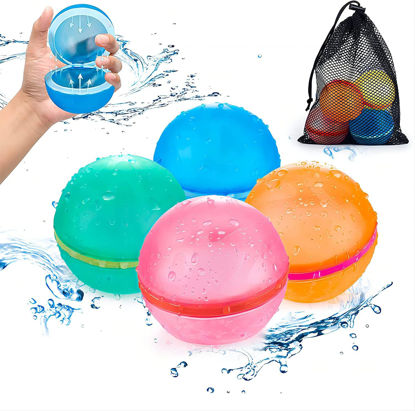 Picture of TIZIKCON Reusable Water Balloons with Mesh Bag, Latex-Free Silicone Quick Self-Sealing Water Splash Bomb for Kids Adults Water Game, Bath Toy, Pool Toy, Summer Party Supplies(4PCS）