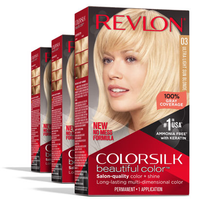 Picture of Permanent Hair Color by Revlon, Permanent Blonde Hair Dye, Colorsilk with 100% Gray Coverage, Ammonia-Free, Keratin and Amino Acids, Blonde Shades (Pack of 3)