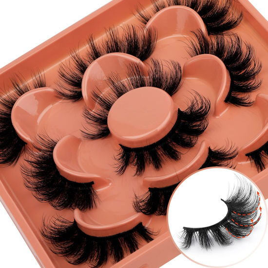 Picture of Fluffy False Eyelashes 3D Natural Mink Lashes 17mm Faux Mink Lashes Volume Soft Strip Fake Cat Eye Lashes 5 Pairs Multipack