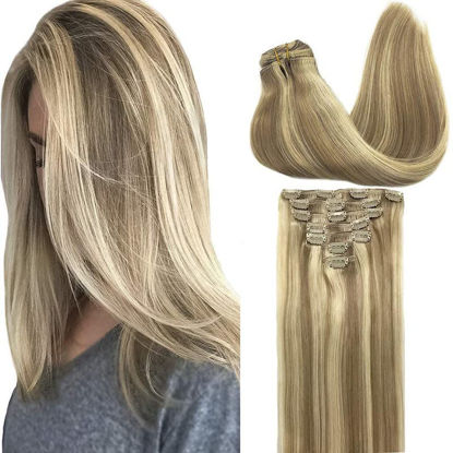 Picture of GOO GOO Clip-in Hair Extensions for Women, Soft & Natural, Handmade Real Human Hair Extensions,Light Blonde Highlighted Golden Blonde, Long, Straight #(P16/22), 7pcs 80g 12 inches