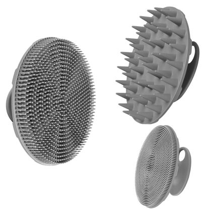 Picture of INNERNEED Food-Grade Soft Silicone Body Scrubber Shower Brush, with Handheld Facial Cleansing Skin Brush, with Scalp Massager Shampoo Brush (Gray)