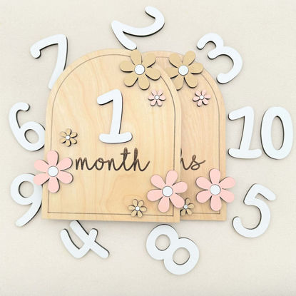 Picture of Baby Monthly Milestone Cards - Wooden Monthly Milestone Discs - Newborn Photography Props to Document Your Baby´s Growth - Baby Announcement Sign (AA Flower)