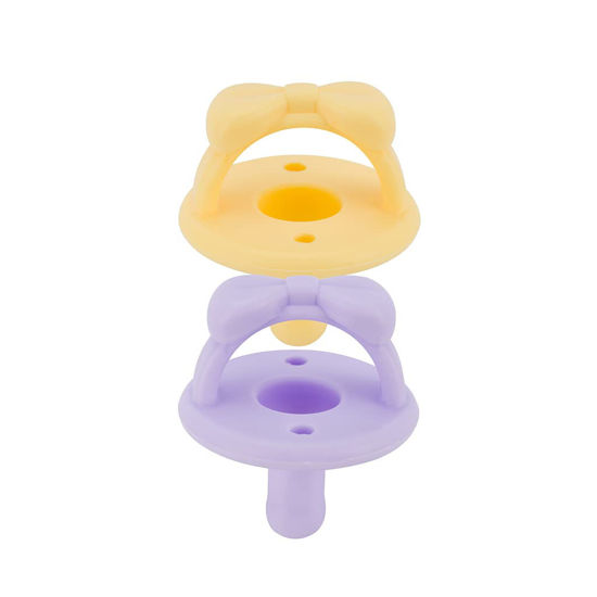 Picture of Itzy Ritzy Sweetie Soother Pacifier Set of 2 - Silicone Newborn Pacifiers with Collapsible Handle & Two Air Holes for Added Safety; Set of 2 in Daffodil/Purple Diamond, Ages Newborn & Up