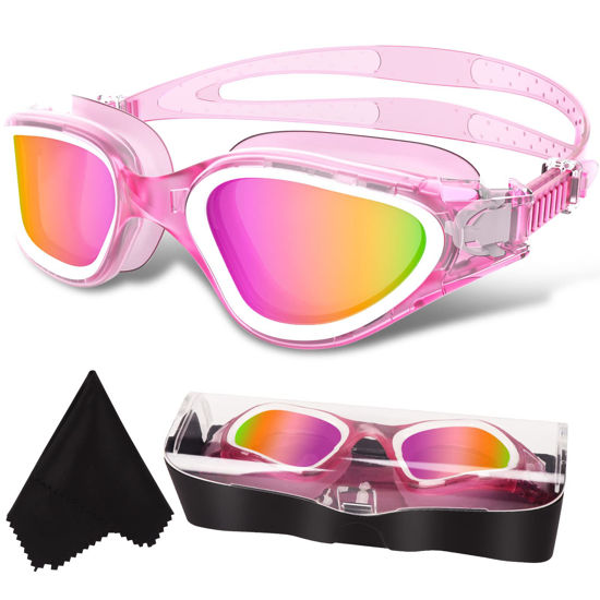 Picture of WIN.MAX Polarized Swimming Goggles Swim Goggles Anti Fog Anti UV No Leakage Clear Vision for Men Women Adults Teenagers (Transparent Pink&White/Polarized Mirror/Pink Lens)