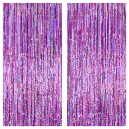 Picture of KatchOn, Purple Iridescent Foil Fringe - 8x3.25 Feet, Pack of 2 | Purple Tinsel Foil Fringe, Mermaid Birthday Decorations | Pink and Purple Party Decorations | Metalic Purple Curtain for Bachelorette