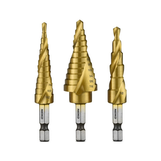 Picture of NEIKO 10181A Step Drill Bit Set, 3 Piece, Spiral Grooved for Faster Drilling, Step Bits for Stainless Steel, Metal, Wood, Plastic, Unibit Cone Drill Bits with 31 Step Sizes Total