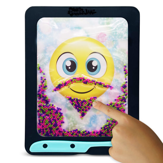 Picture of DoodleJamz JellyPics - Sensory Drawing Pads Filled with Non-Toxic Squishy Beads and Gel - Includes Stylus, Removable 2-Sided Emoji Backer Card (Pink, Purple, Green Beads)