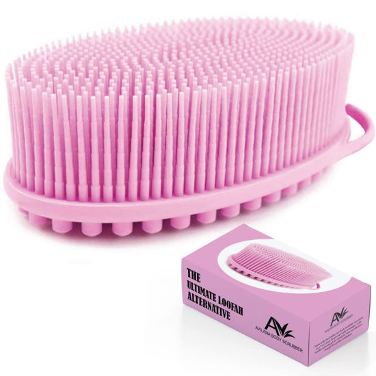 Picture of Avilana Exfoliating Silicone Body Scrubber Easy to Clean, Lathers Well, Long Lasting, and More Hygienic Than Traditional Loofah (Pink)