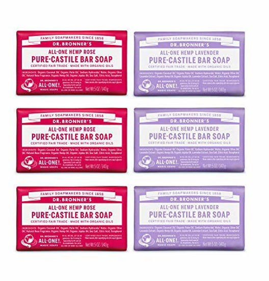 Picture of Dr. Bronner's - Pure-Castile Bar Soap, Rose 5 Ounce (3) and Lavender 5 Ounce (3) - Made with Organic Oils, For Face, Body and Hair, Gentle and Moisturizing, Biodegradable, Vegan, Cruelty-free, Non-GMO