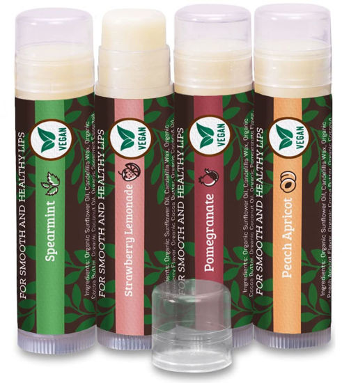 Picture of Vegan Lip Balm by Earth’s Daughter, Beeswax Free Lip Balm, Natural, Organic Flavors - 4 Pack of Assorted Flavors, Plant Based Vegan Chapstick, Lip Moisturizer