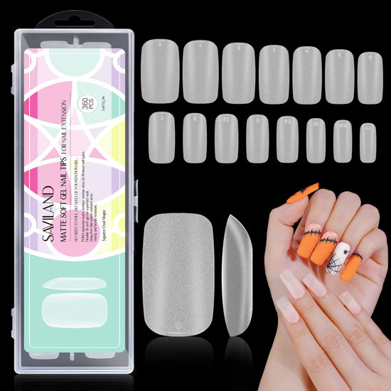 Picture of Saviland Midium Square Nails Tips - 360PCS Matte Soft Gel Nails Tips 15 Sizes Full Cover Gel x Nails False Nails Tips for Nail Extension No Need to File No Base Gel Needed French Nails Manicure