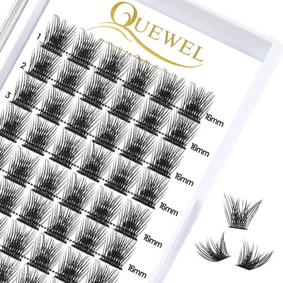 Picture of QUEWEL Cluster Lashes 72 Pcs Wide Stem Individual Lashes C/D Curl 8-16mm Length DIY Eyelash Extension False Eyelashes Soft for Personal Makeup Use at Home (Fluffy-C-16)