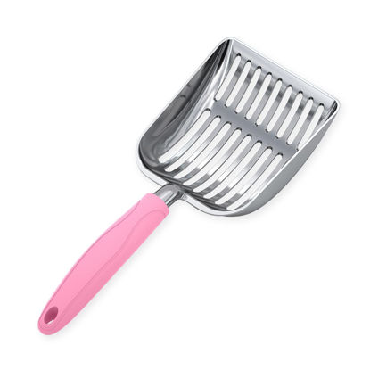 Picture of WePet Cat Litter Scoop, Aluminum Alloy Sifter, Kitty Metal Scooper, Deep Shovel, Long Handle, Poop Sifting, Kitten Pooper Lifter, Heavy Duty, for Litter Box, Polished Aluminum with Pink Handle