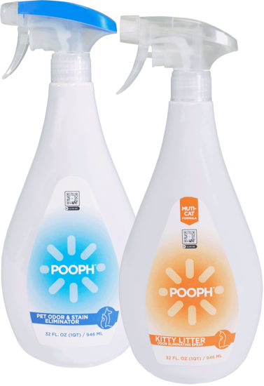 Picture of Pooph Pet Odor Eliminator & Pooph Kitty Litter Box Deodorizer - 2-32oz Bottles - Dismantles Odors on a Molecular Basis, Cats, Freshener, Eliminator, Urine, Poop, Pee, Deodorizer, Fresh, Clean