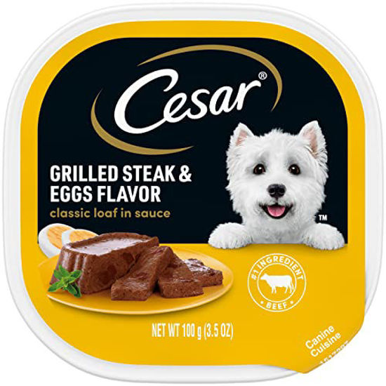 Picture of CESAR Soft Wet Dog Food Classic Loaf in Sauce Grilled Steak and Eggs Flavor, Easy Peel Trays, 3.5 Ounce (Pack of 24)