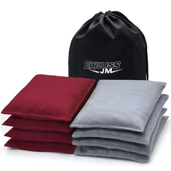 Picture of JMEXSUSS Weather Resistant Standard Corn Hole Bags, Set of 8 Regulation Professional Cornhole Bags for Tossing Game,Corn Hole Beans Bags with Tote Bag(Burgundy/Grey)