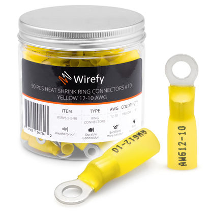 Picture of Wirefy 90 PCS Heat Shrink Ring Terminals #10 - Marine Grade Ring Connectors - Eyelet Wire Connectors - Yellow 10-12 AWG