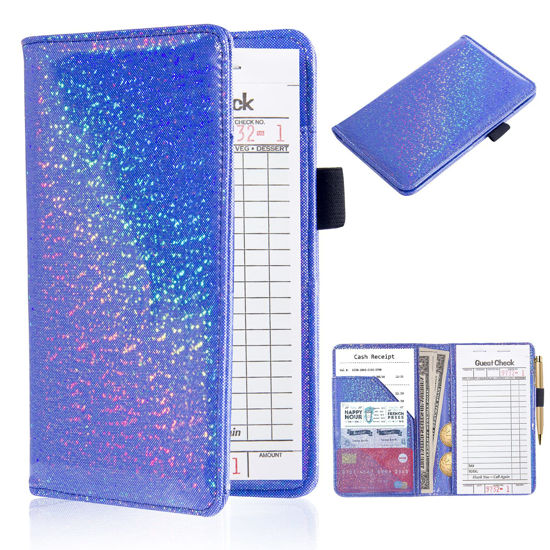 Picture of ACdream Server Books for Waitress, Guest Book Note Pad, Cute Pocket Leather Money Organizer Wallet, Cash Check Bill Receipt Holder Presenter, Waiter Accessories, Royal Blue Glitter