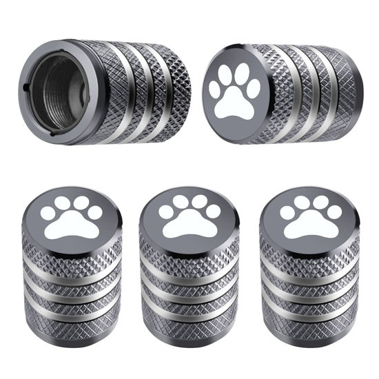 Picture of Tire Valve Stem Cap Cover - (5 Pack) Tire Air Caps Metal with Plastic Liner Corrosion Resistant Leak-Proof Cat/Dog Paw for Car Truck Motorcycle Bike Grey