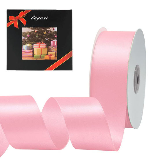 Picture of Solid Color Double Faced Pink Satin Ribbon 1" X 50 Yards, Ribbons Perfect for Crafts, Wedding Decor, Bow Making, Sewing, Gift Package Wrapping and More