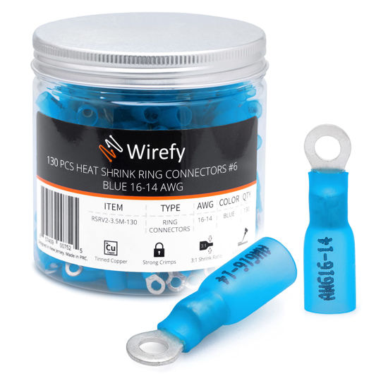 Picture of Wirefy 130 PCS Heat Shrink Ring Terminals #6 - Marine Grade Ring Connectors - Eyelet Wire Connectors - Blue 16-14 AWG