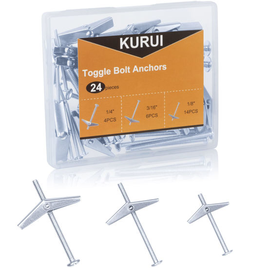 Picture of KURUI Heavy Duty Hollow Wall Anchors for Drywall, 24Pc Toggle Bolts and Wing Nut Kit, Hollow Drywall Anchors and Screws Assortment Set, 3 Sizes Butterfly Anchors (1/8in, 3/16in, 1/4in)