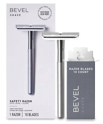 Picture of Bevel Safety Razor with Brass Weighted Handle and 10 Double Edge Safety Razor Blade Refills, Single Blade Razor for Men, Designed for Coarse Hair to Prevent Razor Bumps, Silver