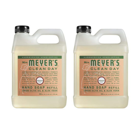 Picture of Mrs. Meyer's Hand Soap Refill, Made with Essential Oils, Biodegradable Formula, Geranium, 33 Fl. Oz - Pack Of 2