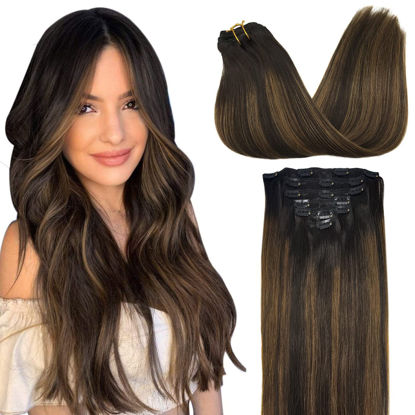 Picture of GOO GOO Clip-in Hair Extensions for Women, Soft & Natural, Handmade Real Human Hair Extensions, Dark Brown Mixed Chestnut Brown, Long, Straight #(T2/6)/2, 7pcs 120g 20 inches