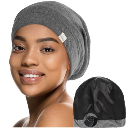 Picture of YANIBEST Slouchy Beanie Hat Satin Lined Sleep Cap Satin Bonnet Chemo Headwear Caps for Women and Men Dark Grey