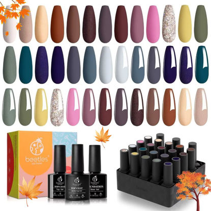 Picture of Beetles 20Pcs Gel Nail Polish Kit -Earth Song Collection Fall Winter Brown Green Gel Polish Set Nude Purple Glitter Glossy Matte Top Base Coat Nail Gel Gray Yellow Christmas Nail Art Gifts for Women