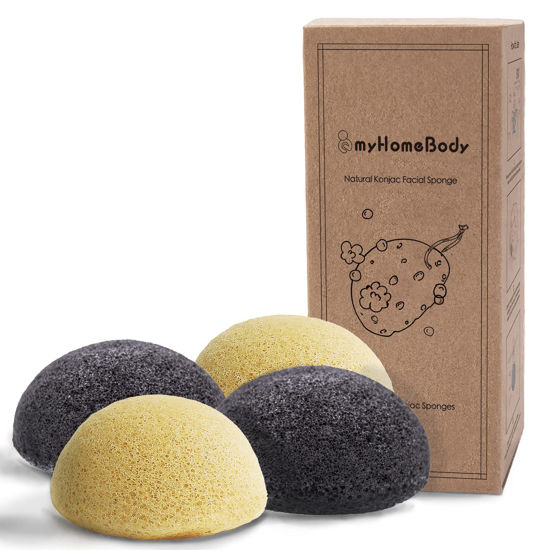 Picture of myHomeBody Natural Konjac Facial Sponges - for Gentle Face Cleansing and Exfoliation (2 Turmeric Yellow, 2 Charcoal Gray)