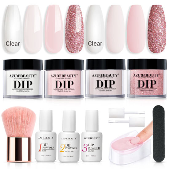 Picture of AZUREBEAUTY Dip Powder Nail Kit Starter, Nude Pink Glitter Neutral Skin Transparent, 4 Colors Dipping Powder Set All Seasons, French Nail Art Base Top Coat Activator Essential Liquid Manicure DIY Salon 12 PCS