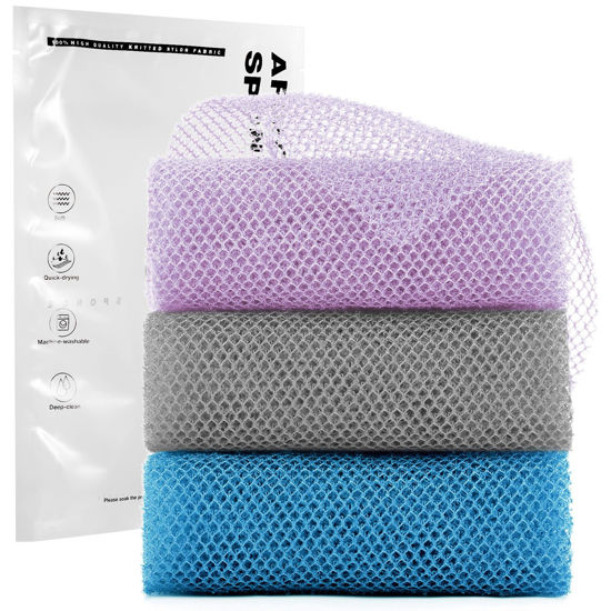 Picture of 3 Pieces African exfoliating net African Net Long Net Bath Sponge Exfoliating Shower Body Scrubber Back Scrubber Skin Smoother,Great for Daily Use (Purple Gray Blue)