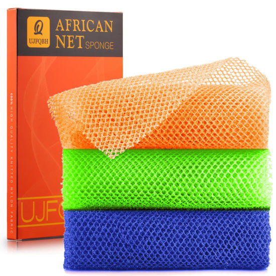 Picture of 3 Pieces African Bath Sponge African Net Long Net Bath Sponge Exfoliating Shower Body Scrubber Back Scrubber Skin Smoother,Great for Daily Use (Orange、Blue、Green)